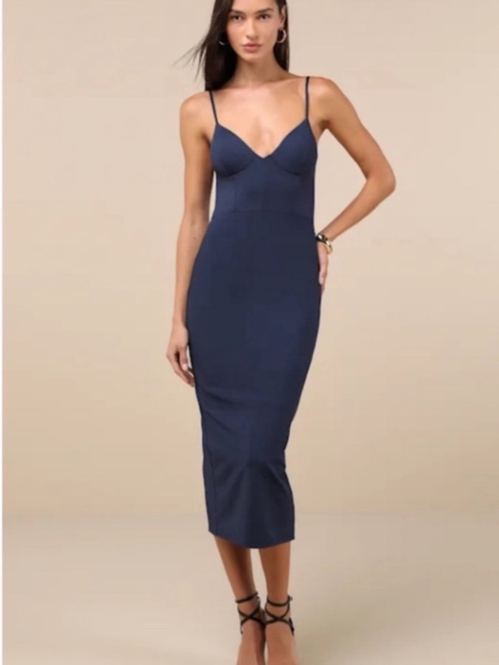 NWT New Lulus Elegant Fitted Navy Blue Women’s Midi Dress Medium